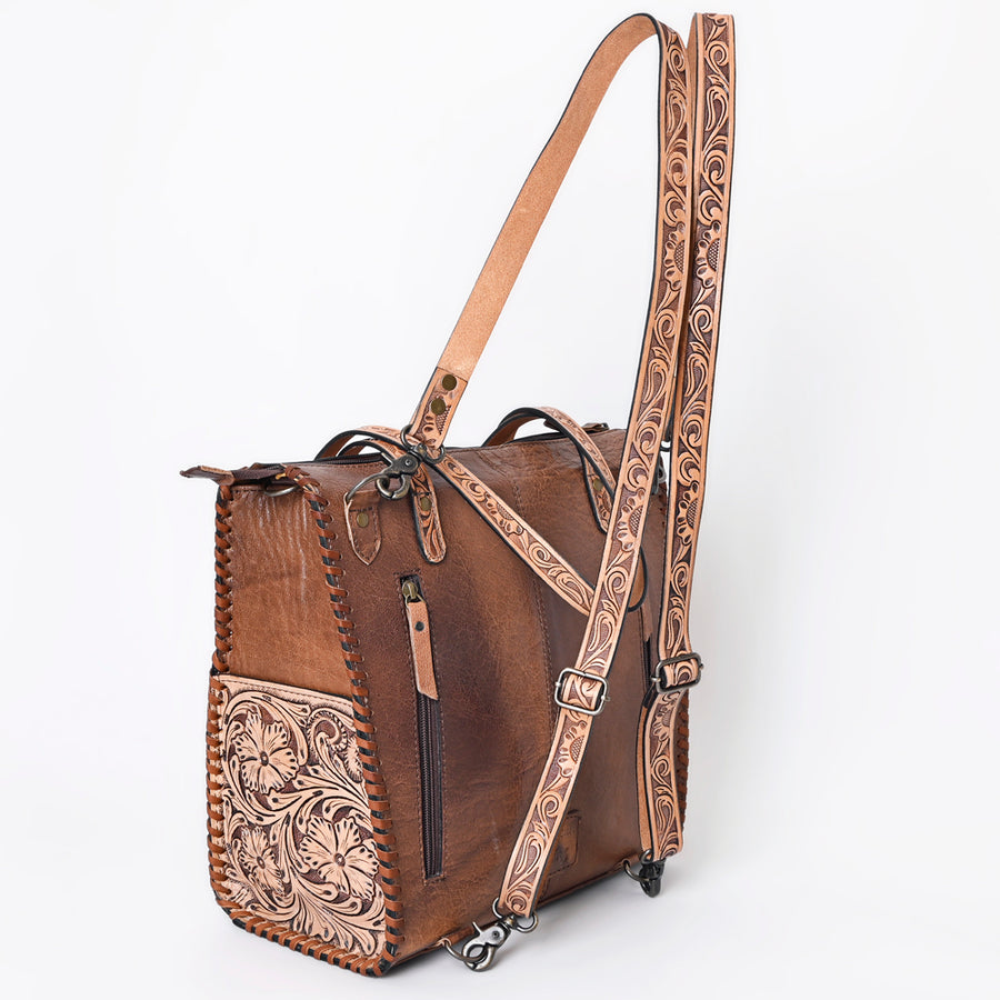 American Darling Hand-Tooled Floral Leather Backpack Tote for Women – Genuine Western Convertible Bag with Adjustable Straps and Dual Handles