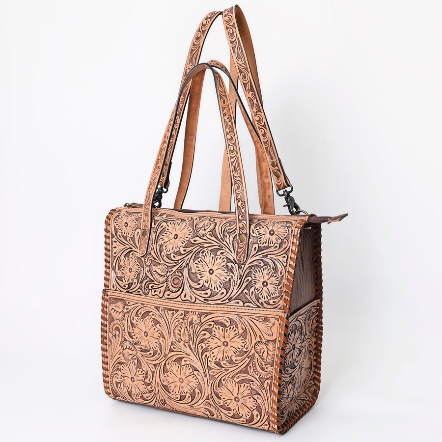 American Darling Hand-Tooled Leather Backpack Tote - Genuine Floral Carved Western Convertible Bag - Uhorse