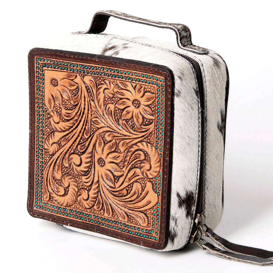 American Darling Hand Tooled Leather Hair-On Cowhide Jewelry case - Hilason