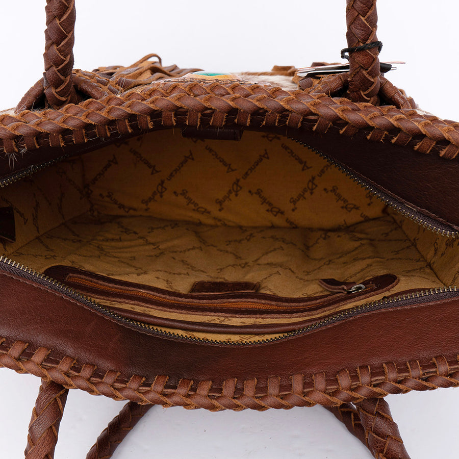 American Darling Tote Bag, Genuine Hair-On Cowhide & Leather with Turquoise Stone, Braided Handles & Fringes, Handcrafted