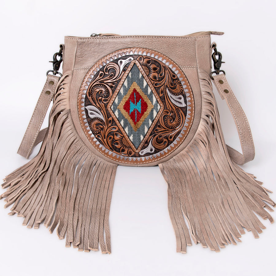 American Darling Hand-Tooled Hair-On Leather Crossbody Bag for Women – Genuine Western Cowhide Purse with Fringe Detailing and Adjustable Strap