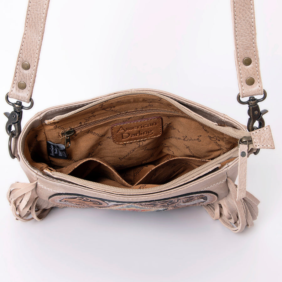 American Darling Hand-Tooled Hair-On Leather Crossbody Bag for Women – Genuine Western Cowhide Purse with Fringe Detailing and Adjustable Strap