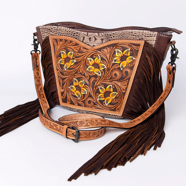 American Darling Hand-Tooled Floral Leather Crossbody Bag with Fringe - Western Boho Saddle Purse - Uhorse