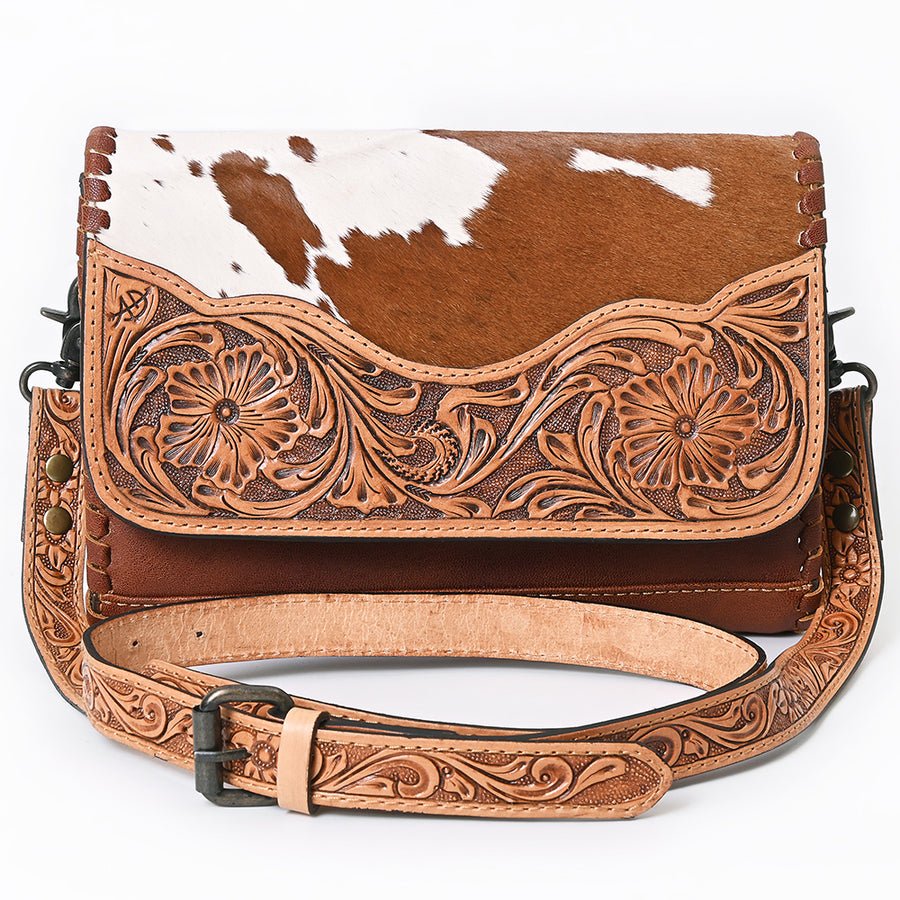 American Darling Hand-Tooled Hair-On Leather Crossbody Bag for Women – Genuine Western Cowhide Purse with Adjustable Strap and Floral Carving
