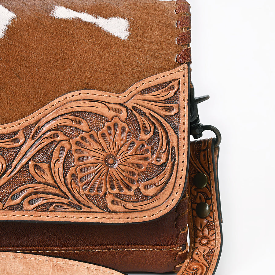 American Darling Hand-Tooled Hair-On Leather Crossbody Bag for Women – Genuine Western Cowhide Purse with Adjustable Strap and Floral Carving