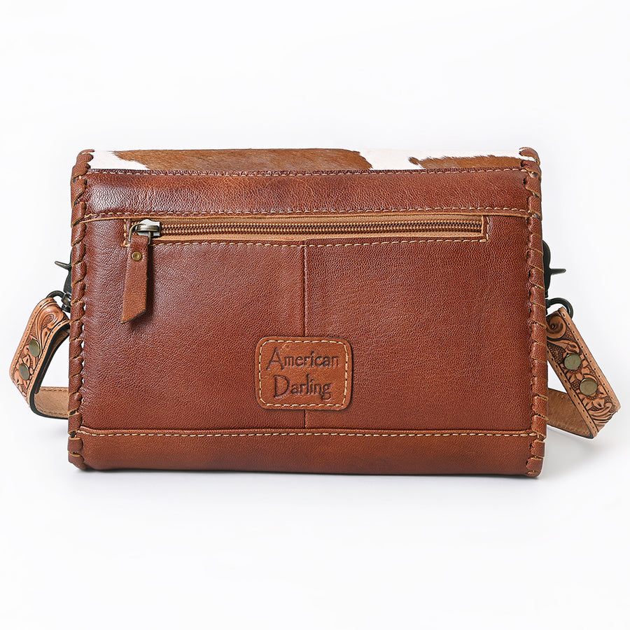 American Darling Hand-Tooled Hair-On Leather Crossbody Bag for Women – Genuine Western Cowhide Purse with Adjustable Strap and Floral Carving
