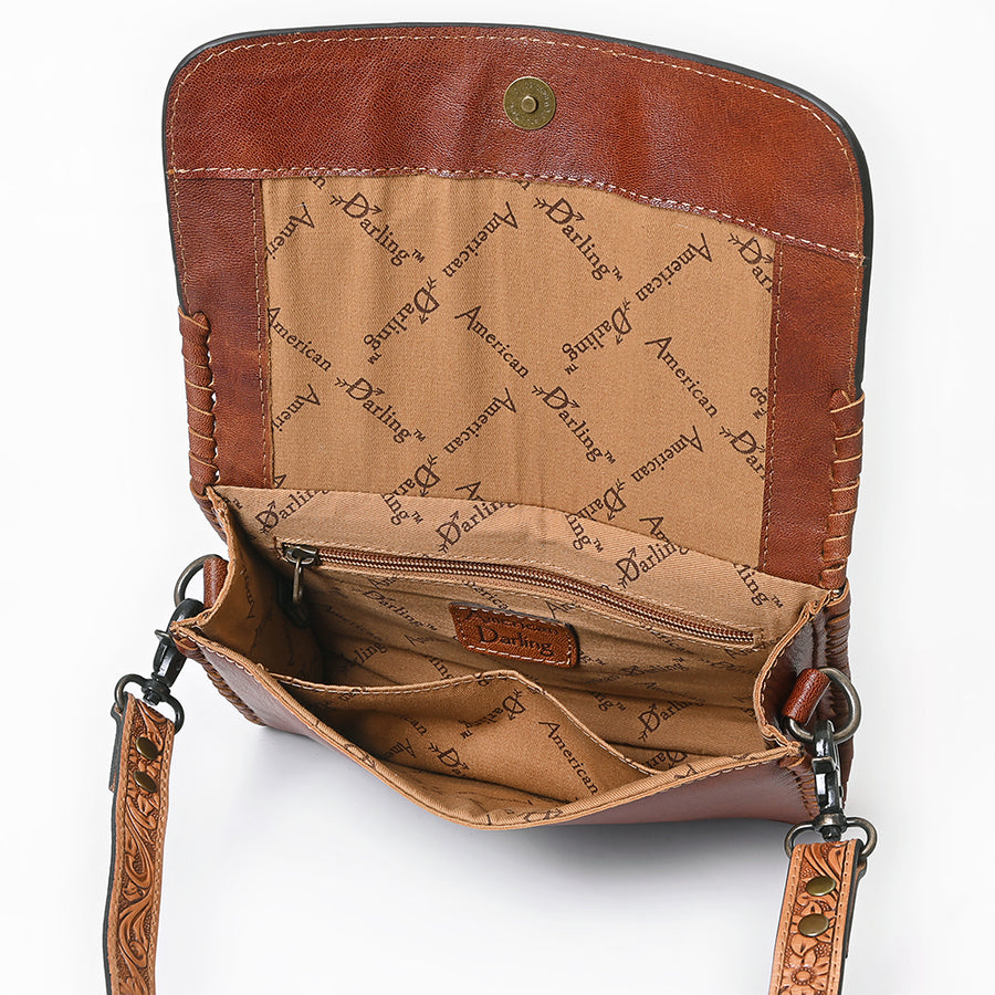 American Darling Hand-Tooled Hair-On Leather Crossbody Bag for Women – Genuine Western Cowhide Purse with Adjustable Strap and Floral Carving