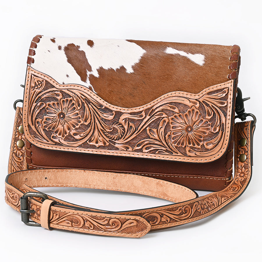 American Darling Hand-Tooled Hair-On Leather Crossbody Bag - Genuine Western Cowhide Purse - Uhorse