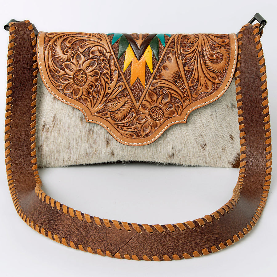 American Darling Hand-Tooled Hair-On Leather Wallet Handbag for Women – Genuine Cowhide Crossbody Purse with Tooled Flap and Contrast Stitching