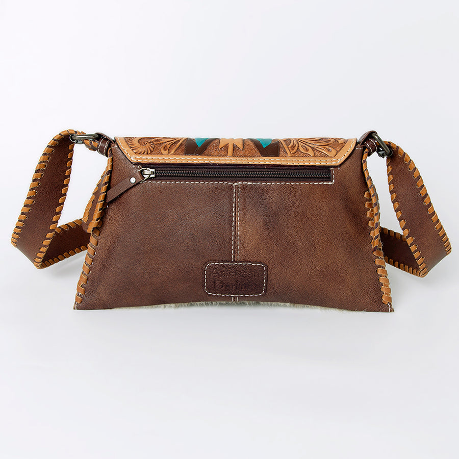 American Darling Hand-Tooled Hair-On Leather Wallet Handbag for Women – Genuine Cowhide Crossbody Purse with Tooled Flap and Contrast Stitching