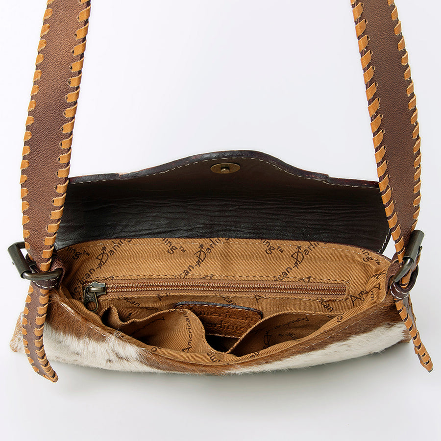 American Darling Hand-Tooled Hair-On Leather Wallet Handbag for Women – Genuine Cowhide Crossbody Purse with Tooled Flap and Contrast Stitching