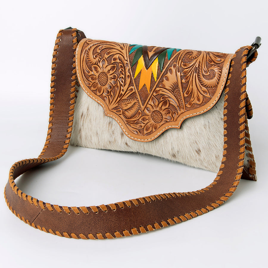 American Darling Hand-Tooled Hair-On Leather Wallet Handbag - Western Cowhide Crossbody Purse - Uhorse