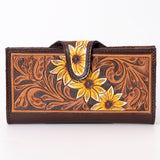 American Darling Hand-Tooled Leather Floral Wallet for Women – Genuine Full-Grain Leather Western Wallet with Sunflower Carving and Snap Closure