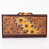 American Darling Hand-Tooled Leather Floral Wallet for Women – Genuine Full-Grain Leather Western Wallet with Sunflower Carving and Snap Closure