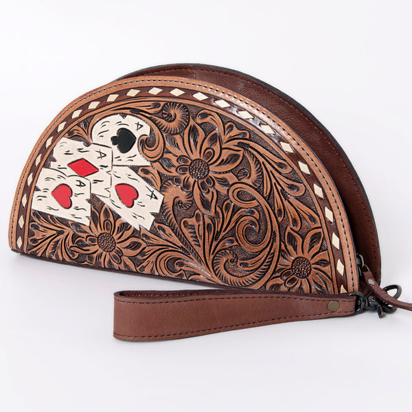 American Darling Hand-Tooled Leather Taco Clutch - Western Genuine Leather Wristlet Bag - Uhorse
