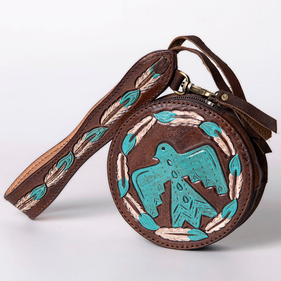 American Darling Canteen Bag, Hand Tooled Thunderbird Floral Leather, Genuine Vegetable-Tanned Crossbody, Small Western Purse