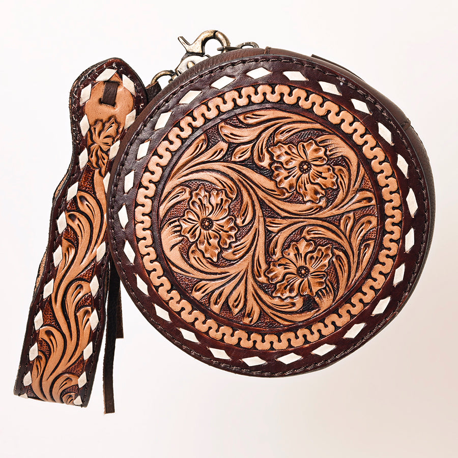 American Darling Canteen Bag, Hand Tooled Thunderbird Floral Leather, Genuine Vegetable-Tanned Crossbody, Small Western Purse