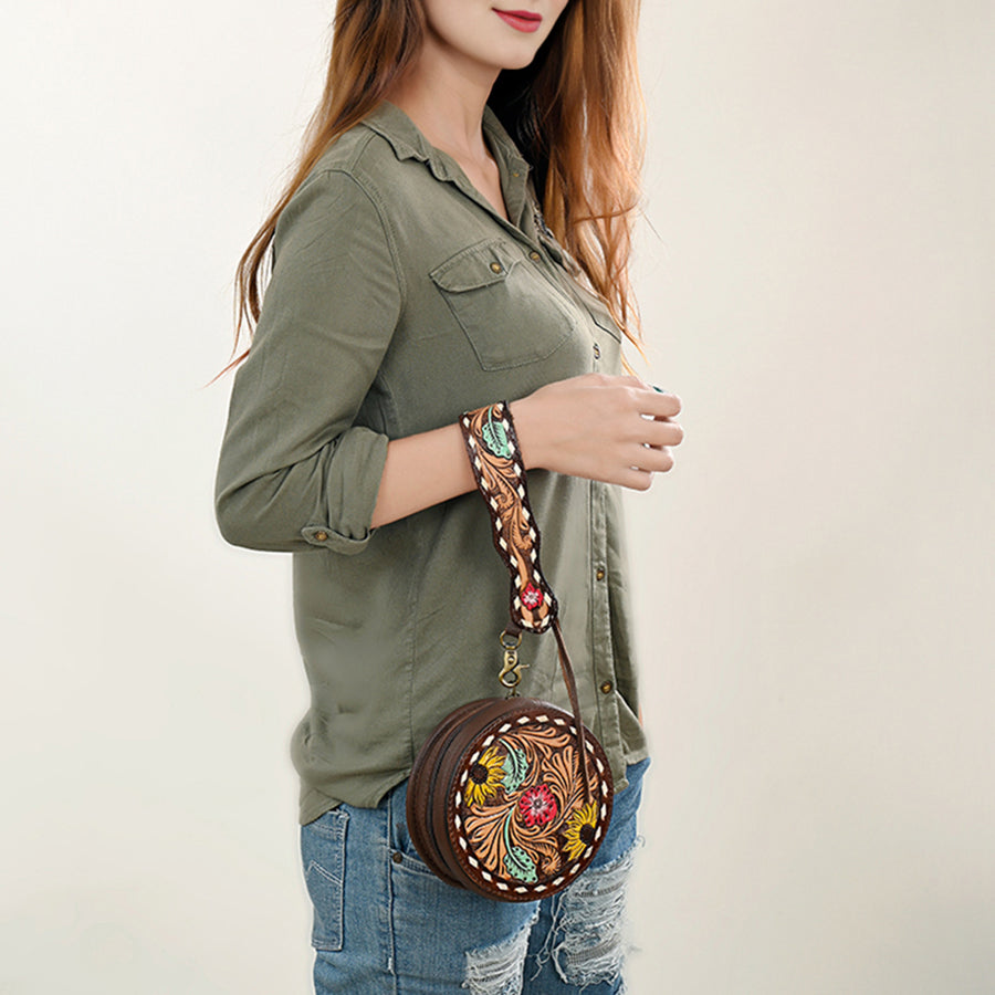 American Darling Canteen Bag, Hand Tooled Thunderbird Floral Leather, Genuine Vegetable-Tanned Crossbody, Small Western Purse