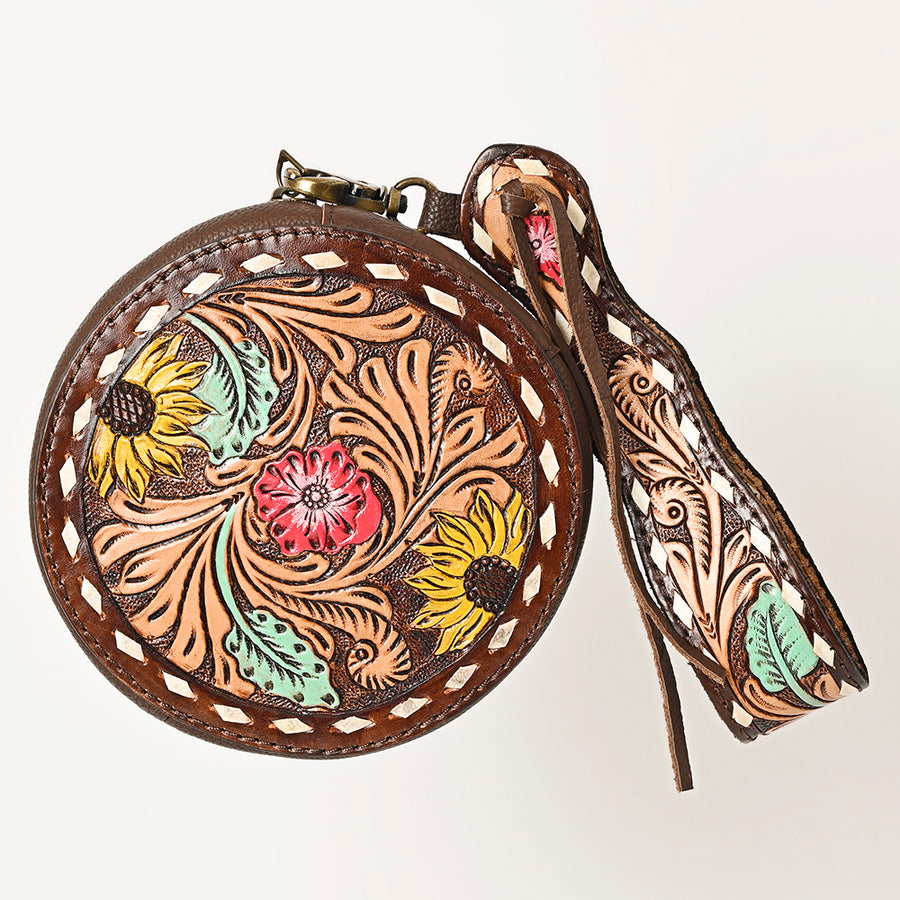 American Darling Canteen Bag, Hand Tooled Thunderbird Floral Leather, Genuine Vegetable-Tanned Crossbody, Small Western Purse
