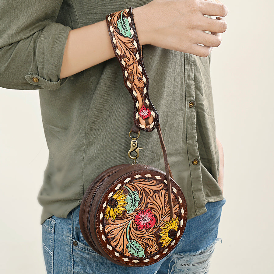 American Darling Canteen Bag, Hand Tooled Thunderbird Floral Leather, Genuine Vegetable-Tanned Crossbody, Small Western Purse