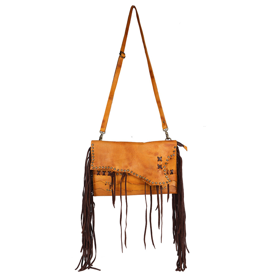 American Darling Small Cross body Bag Western Hand Tooled Floral Carved Genuine Leather Purse with Fringes and Braided Detail