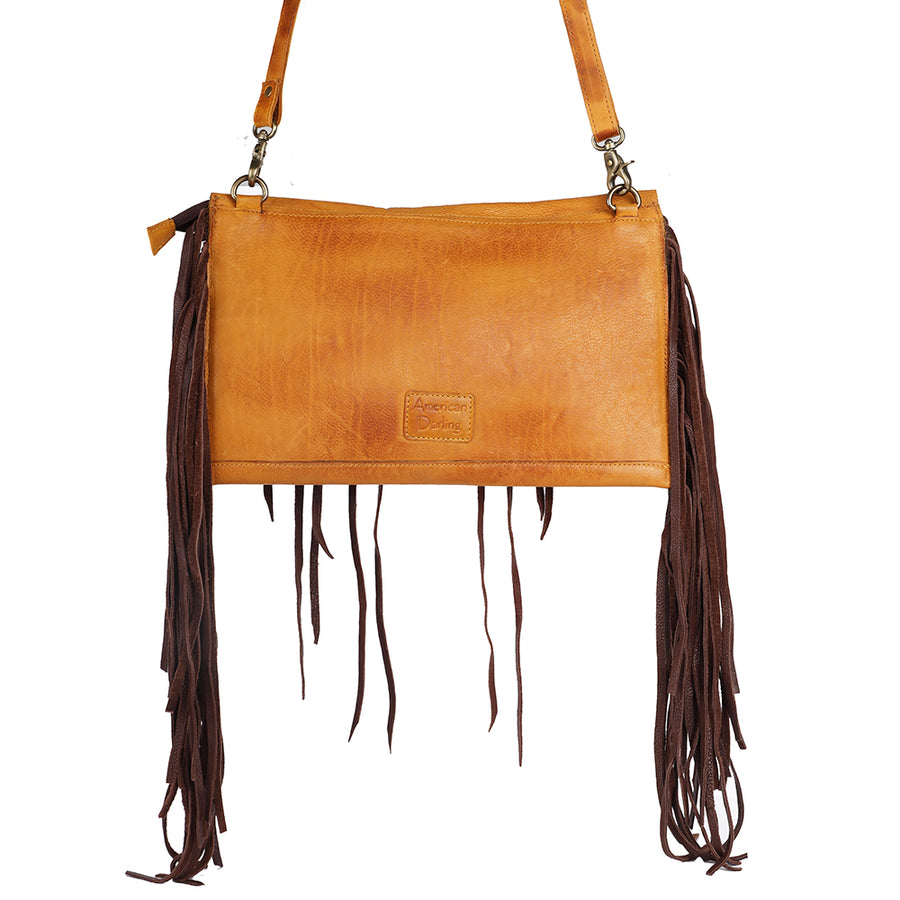 American Darling Small Cross body Bag Western Hand Tooled Floral Carved Genuine Leather Purse with Fringes and Braided Detail