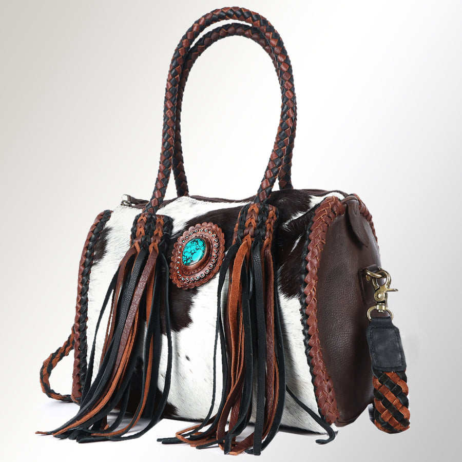 American Darling Speedy Bag Western Genuine Leather Handcrafted Purse with Fringes, Braided Handles and Turquoise Stone