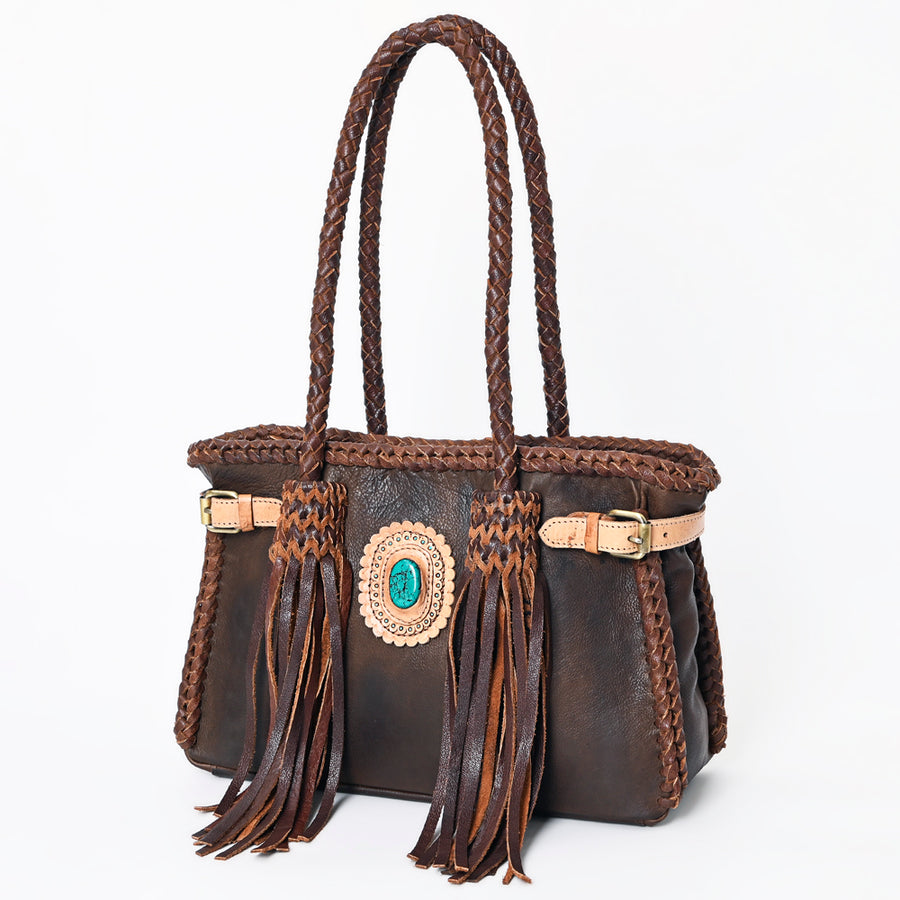 American Darling Tote Bag Western Genuine Leather Handcrafted Purse with Fringes and Turquoise Stone and Braided Handles