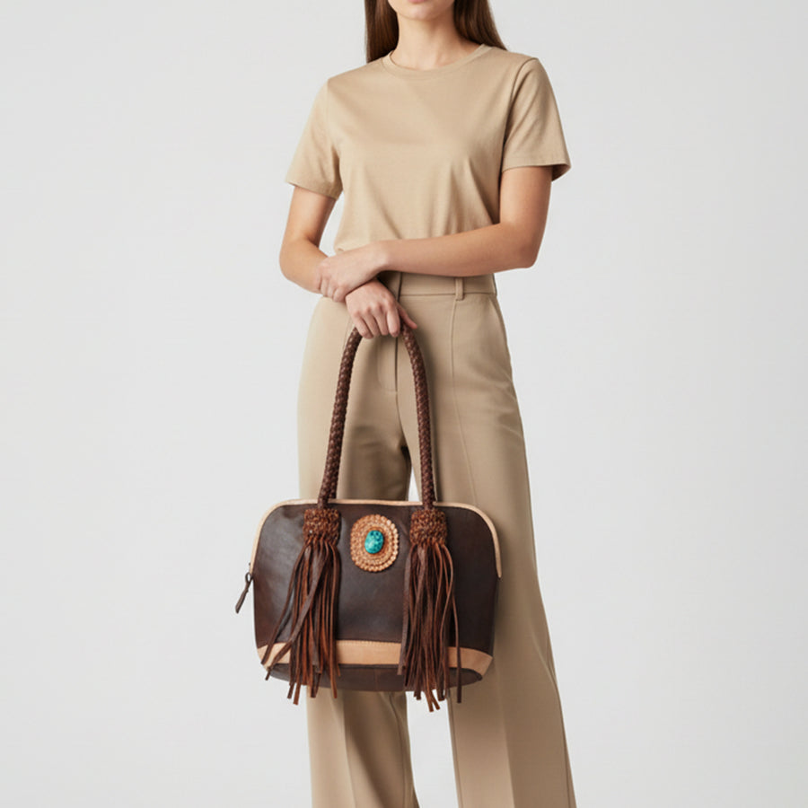 American Darling Tote Bag Western Genuine Leather Handcrafted Large Purse with Turquoise Stone, Fringes and YKK Zipper