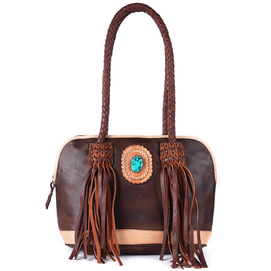 American Darling Tote Bag Western Genuine Leather Handcrafted Large Purse with Turquoise Stone, Fringes and YKK Zipper