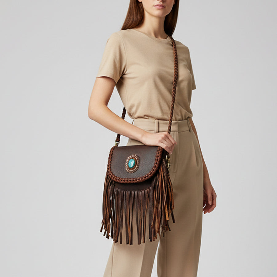 American Darling Cross body Bag Western Genuine Leather Handcrafted Purse with Turquoise Stone and Braided Detail