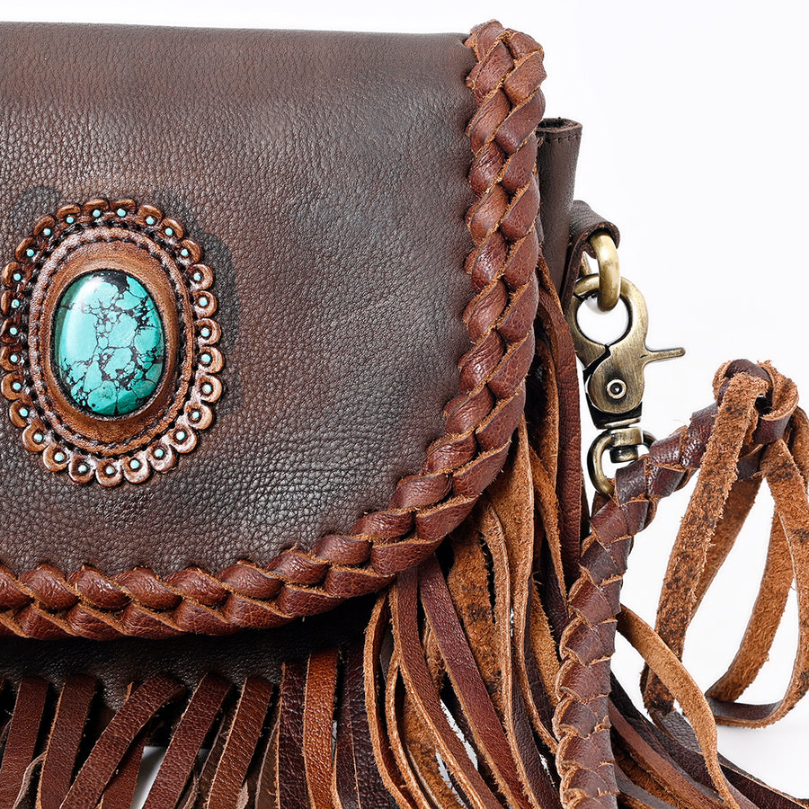 American Darling Cross body Bag Western Genuine Leather Handcrafted Purse with Turquoise Stone and Braided Detail