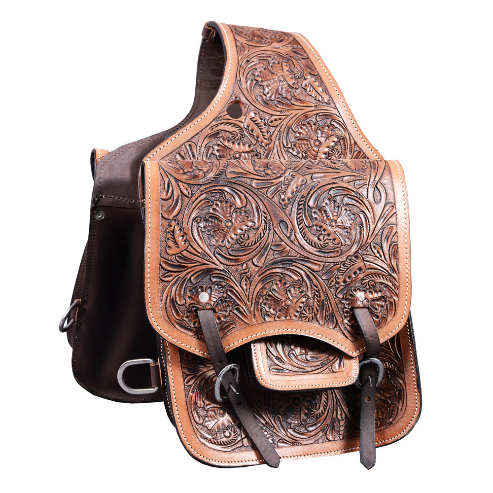Showman ® Tooled leather saddle bag.