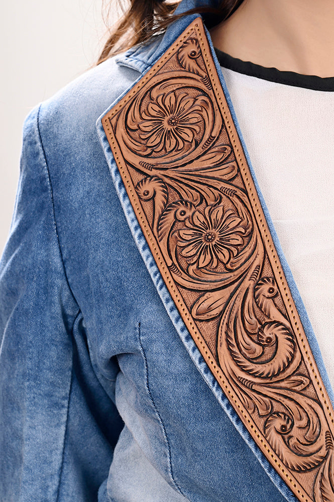 American Darling Genuine leather Hand tooled carved Women 100% cotton Denim Blazer dress Shirt ladies | Vintage Jacket