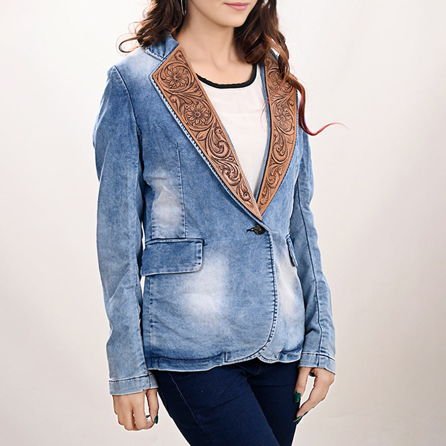 American Darling Genuine leather Hand tooled carved Women 100% cotton Denim Blazer dress Shirt ladies | Vintage Jacket