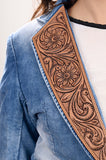 ADBZ702 Genuine leather Hand tooled hand carved Women 100% cotton Denim Blazer dress jacket ladies Girl