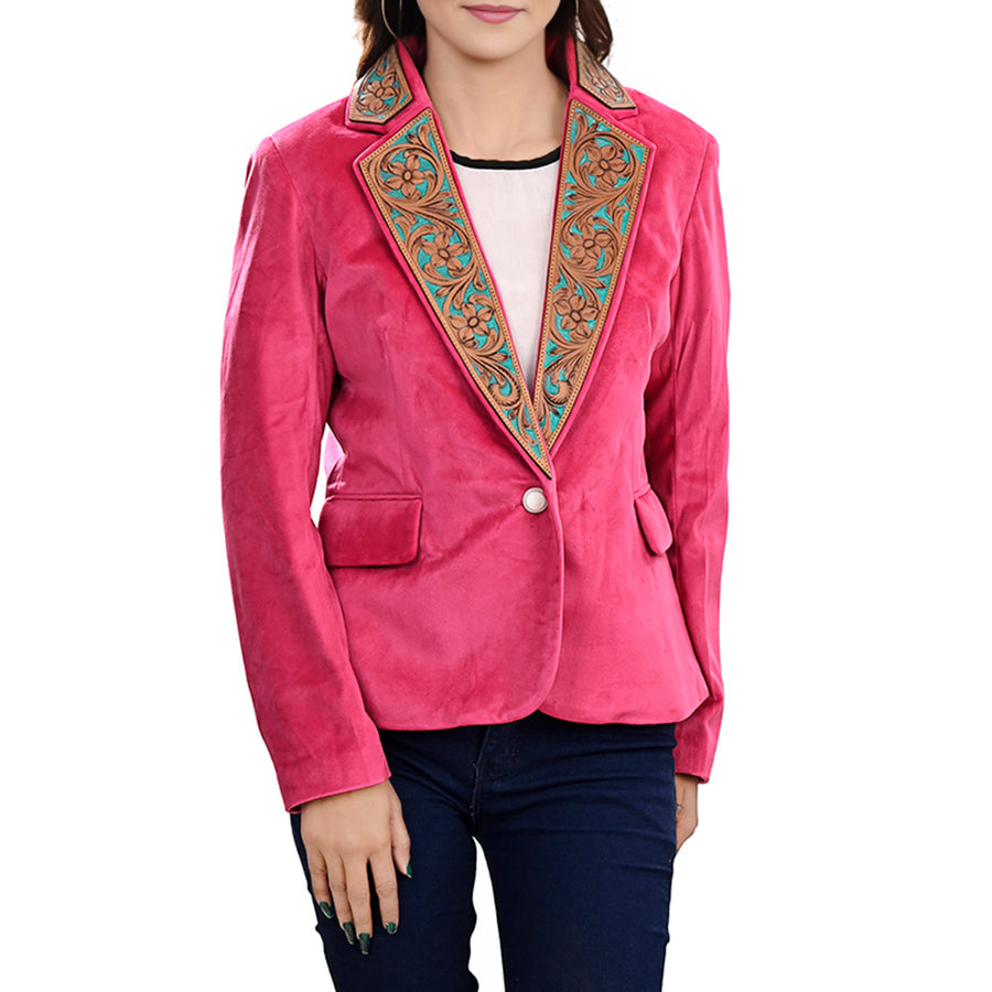 American Darling Genuine leather Hand tooled carved Women 100% cotton Denim Blazer dress Shirt ladies | Vintage Jacket