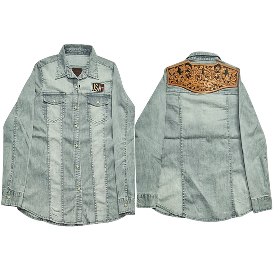 American Darling Leather Hand Tooled Carved Women Denim Shirt Jacket – by Hilason – Cowboy and equestrian accessories