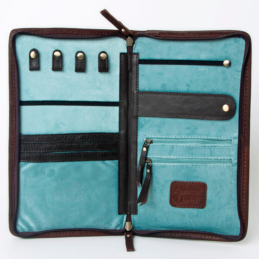 American Darling Jewelry Case for Women - Hair-On Cowhide, Hand Tooled Floral Carved Genuine Leather Travel Organizer