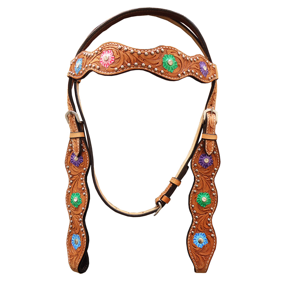 Hilason Western Horse Floral Hand Painted Genuine Leather Headstall Tan - Uhorse
