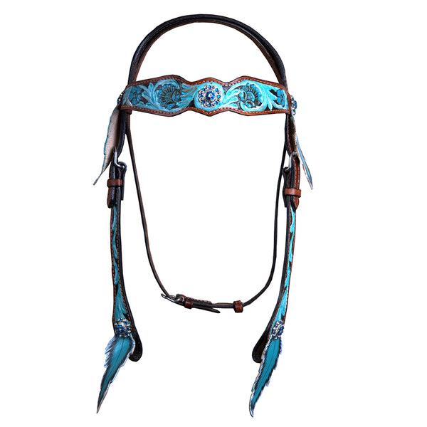Hilason Western Horse Floral Hand Painted Genuine Leather Headstall Blue - Uhorse