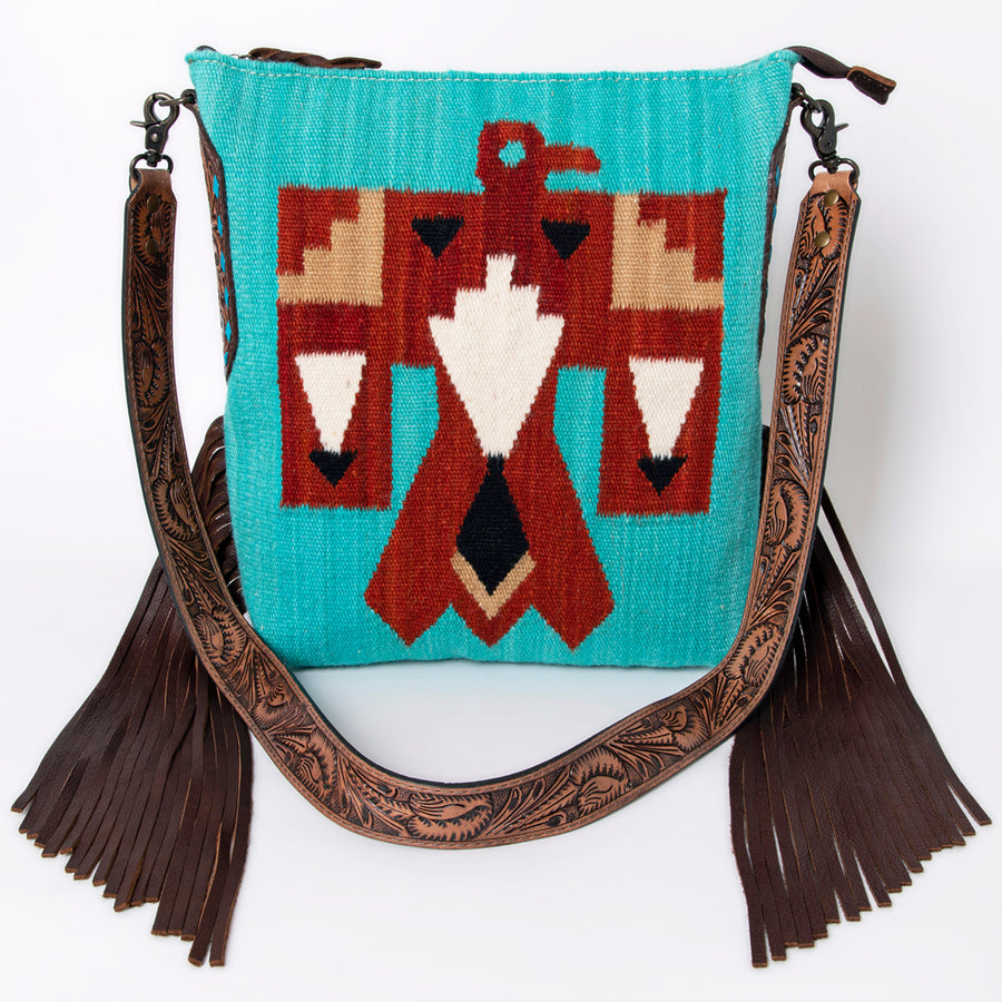 American Darling Cross body Bag Hand Woven Saddle Blanket Hand Tooled Western Leather Purse with Fringes 15in x 15in x 3in