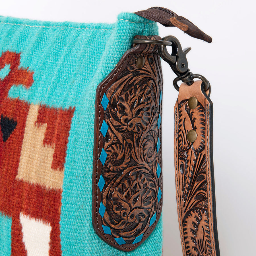American Darling Cross body Bag Hand Woven Saddle Blanket Hand Tooled Western Leather Purse with Fringes 15in x 15in x 3in