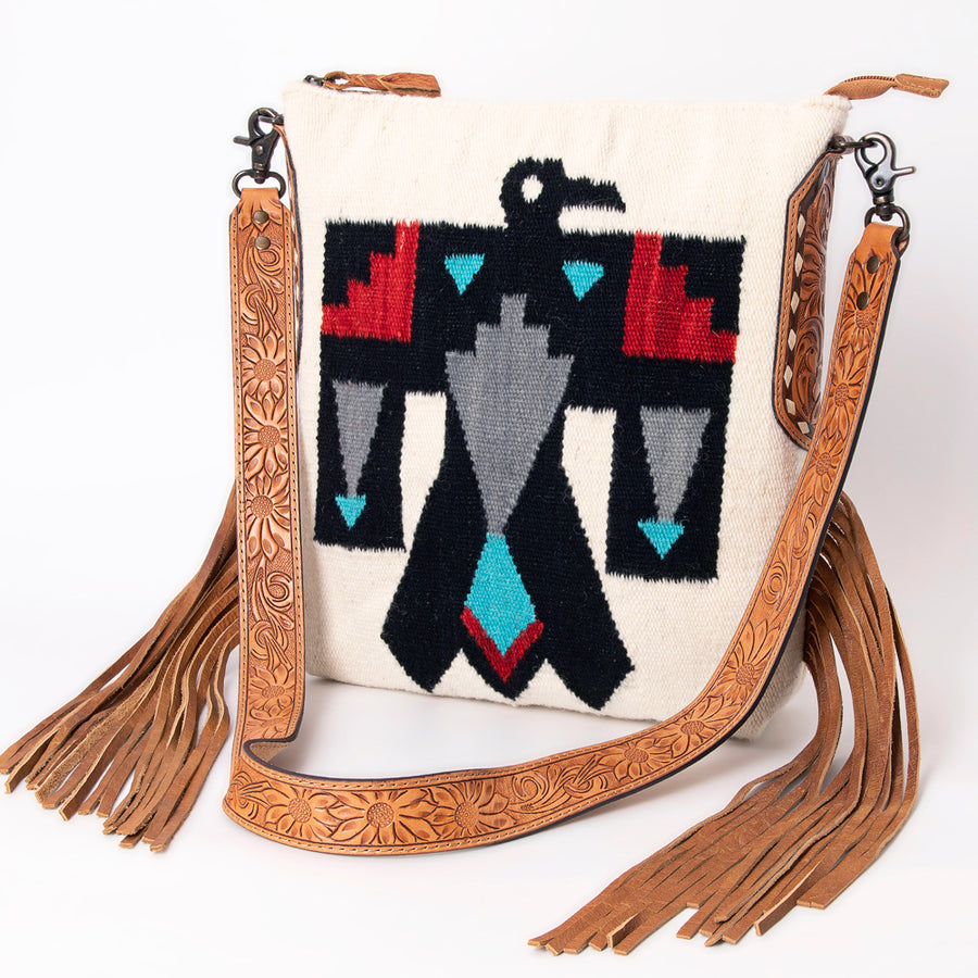 American Darling Hand Woven Saddle Blanket Western Leather Cross body Bag with Fringes - Hilason