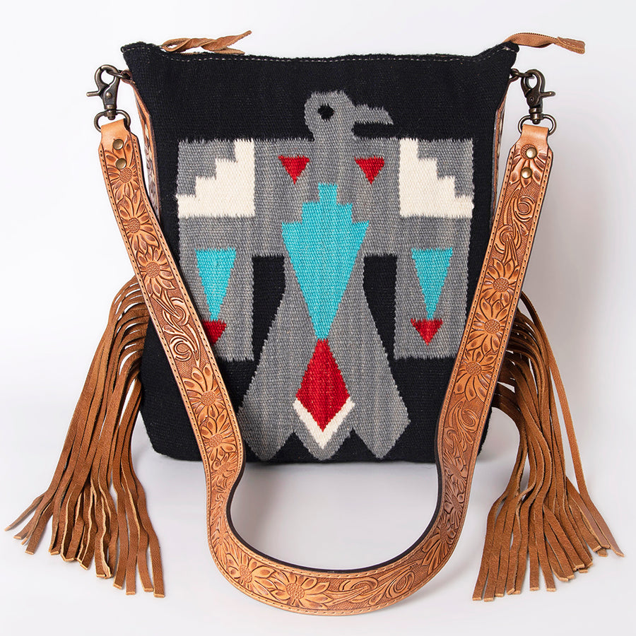 American Darling Cross body Bag Hand Woven Saddle Blanket Hand Tooled Western Leather Purse with Fringes 15in x 15in x 3in