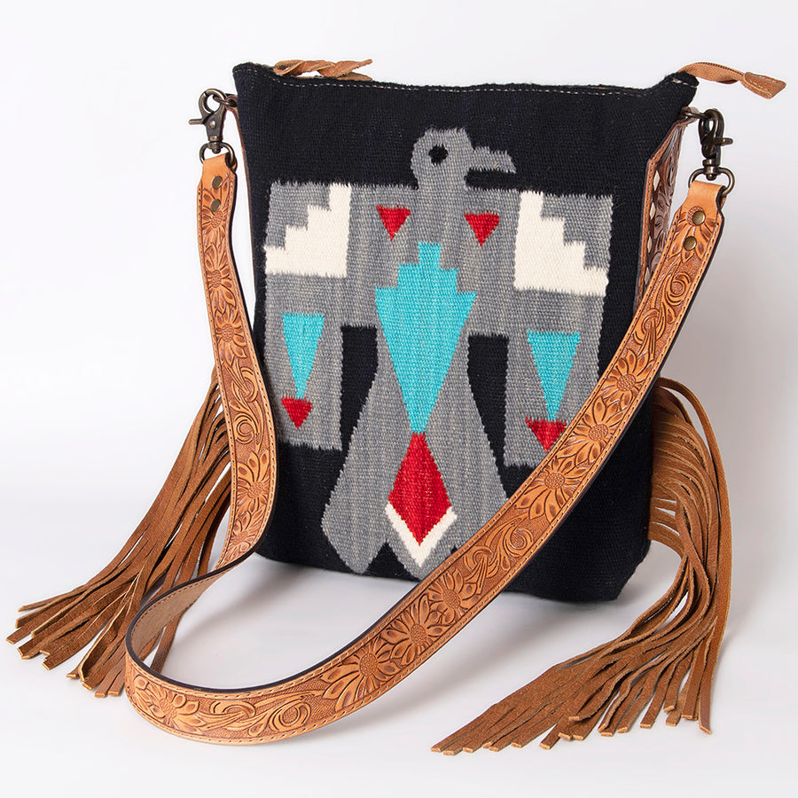 American Darling Hand Woven Saddle Blanket Western Leather Cross body Bag with Fringes - Hilason