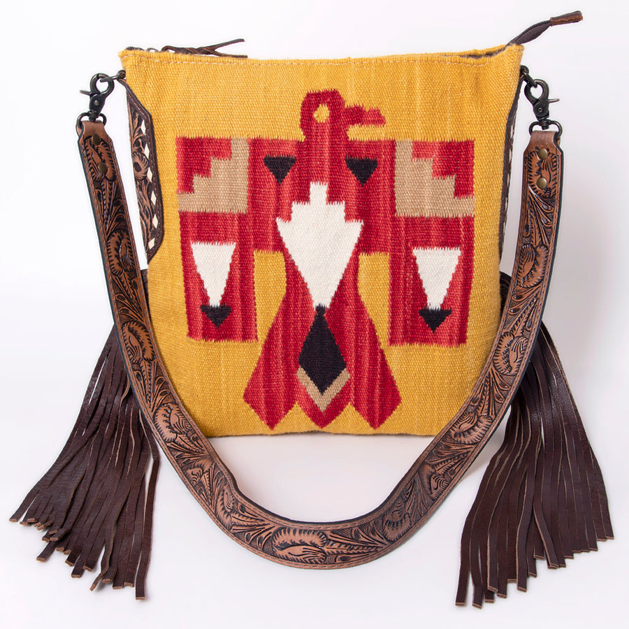 American Darling Cross body Bag Hand Woven Saddle Blanket Hand Tooled Western Leather Purse with Fringes 15in x 15in x 3in