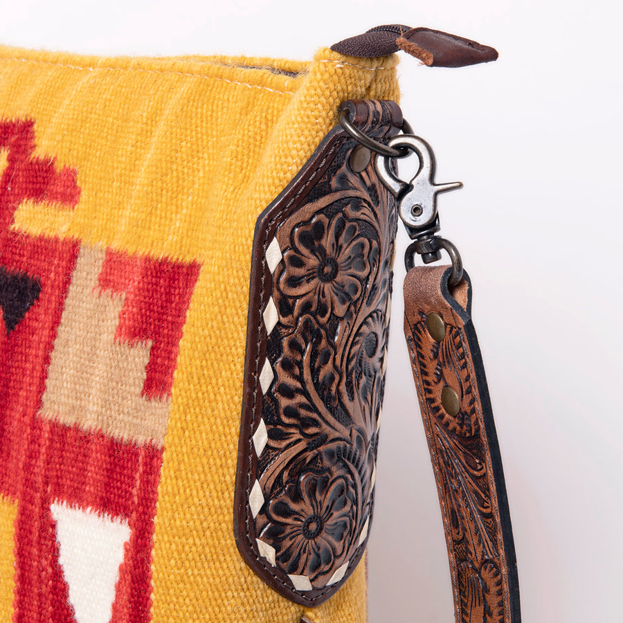 American Darling Cross body Bag Hand Woven Saddle Blanket Hand Tooled Western Leather Purse with Fringes 15in x 15in x 3in