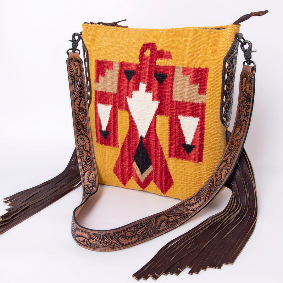 American Darling Hand Woven Saddle Blanket Western Leather Cross body Bag with Fringes - Hilason