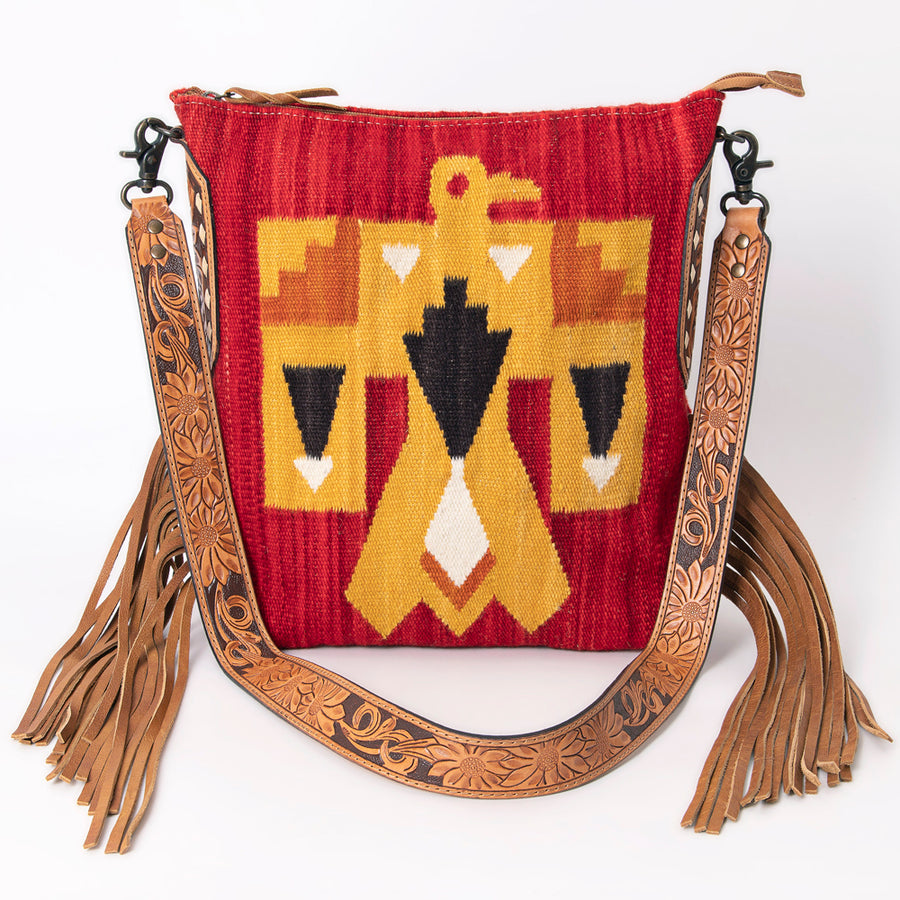 American Darling Cross body Bag Hand Woven Saddle Blanket Hand Tooled Western Leather Purse with Fringes 15in x 15in x 3in